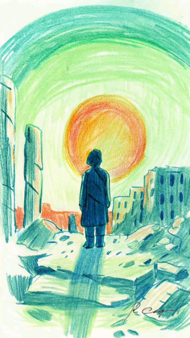 lone figure sun ruin building