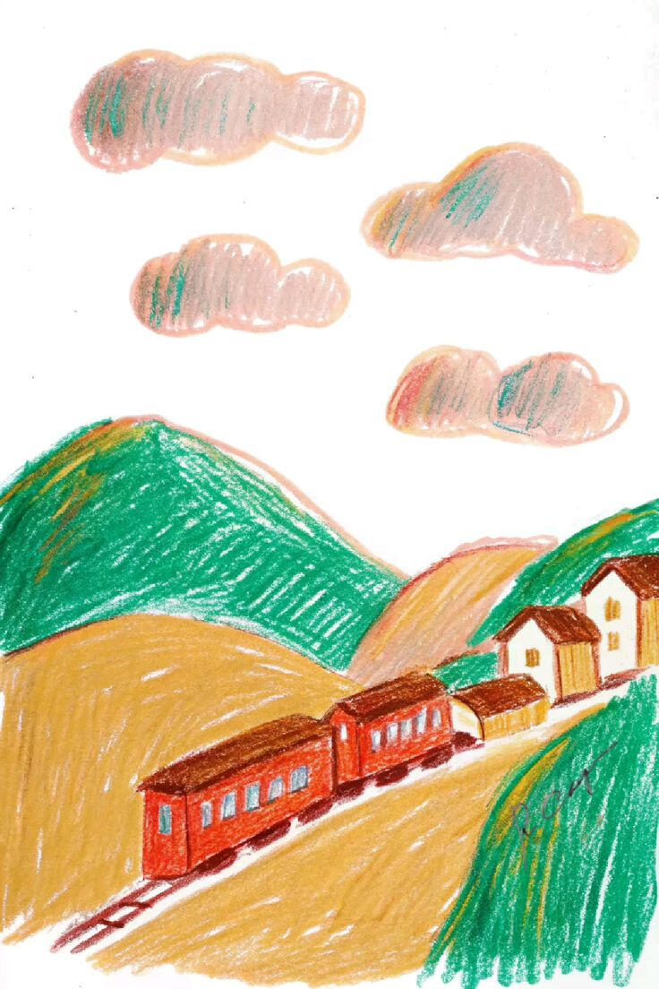 Train hills clouds mountain crayons